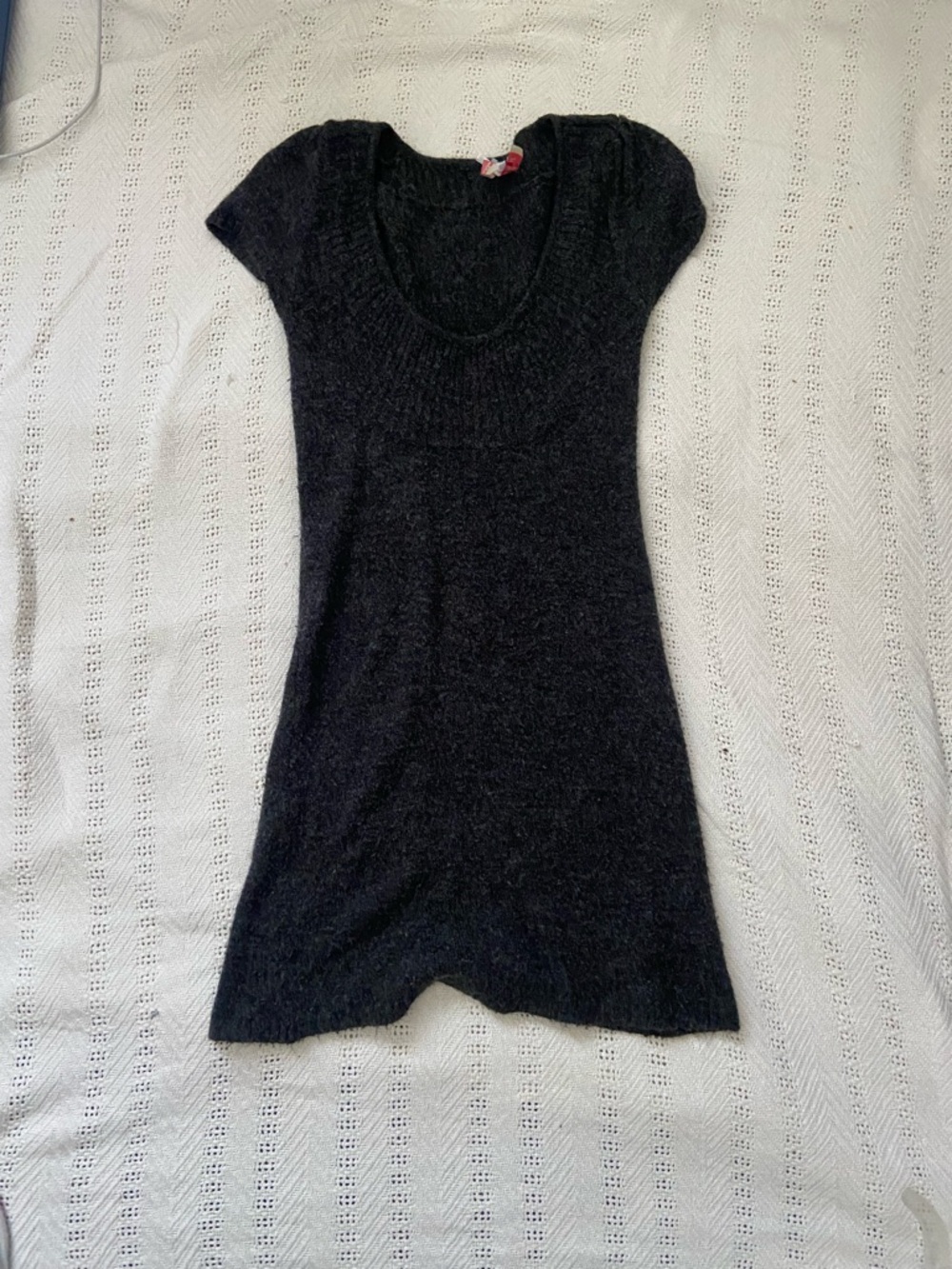 Derek Heart Black Fuzzy Knit Top with Pink Logo Ribbon